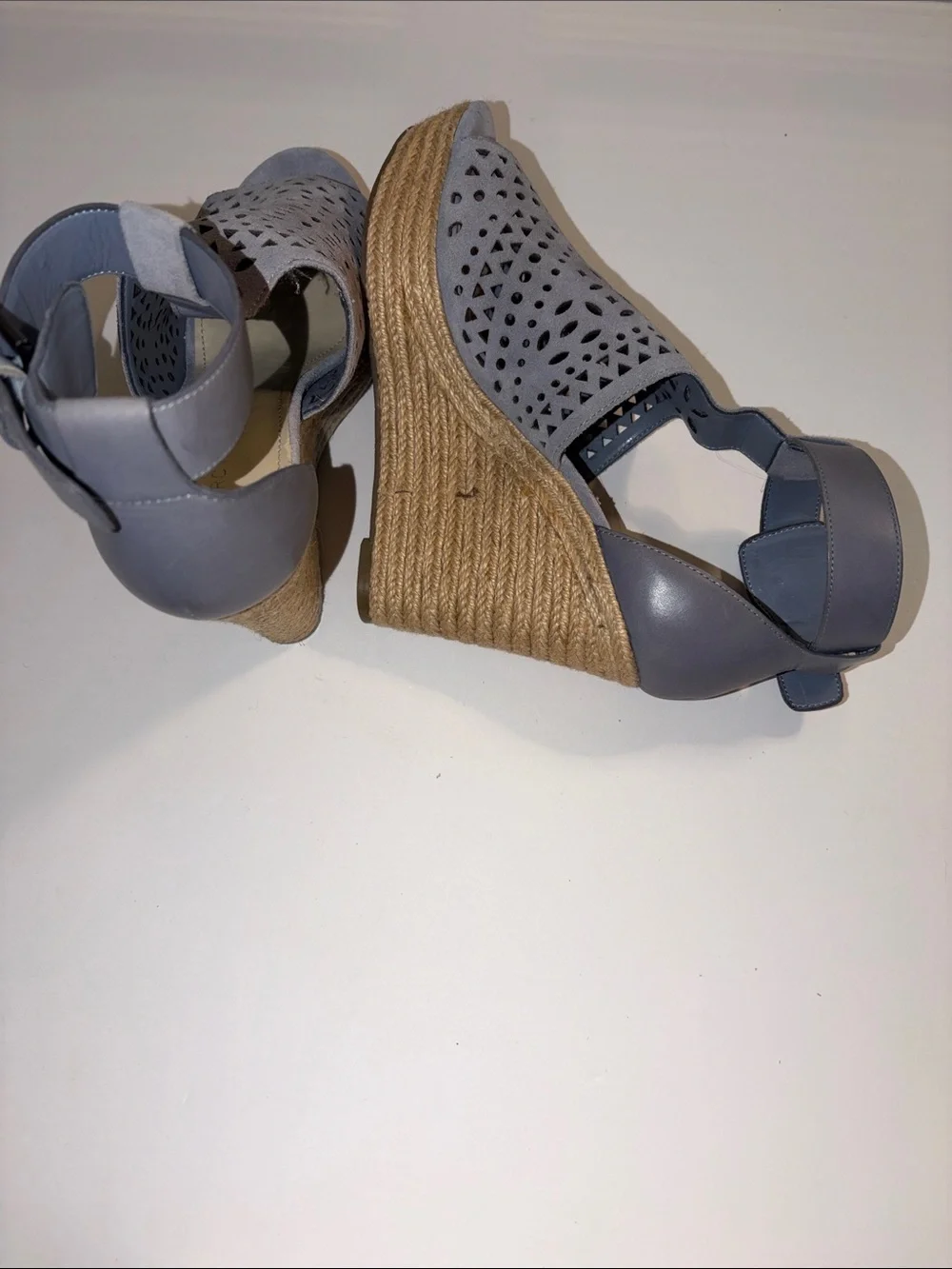 Marc Fisher Hasina Light Blue Suede Wedge Sandals Open Toe Espadrille SZ 8.5